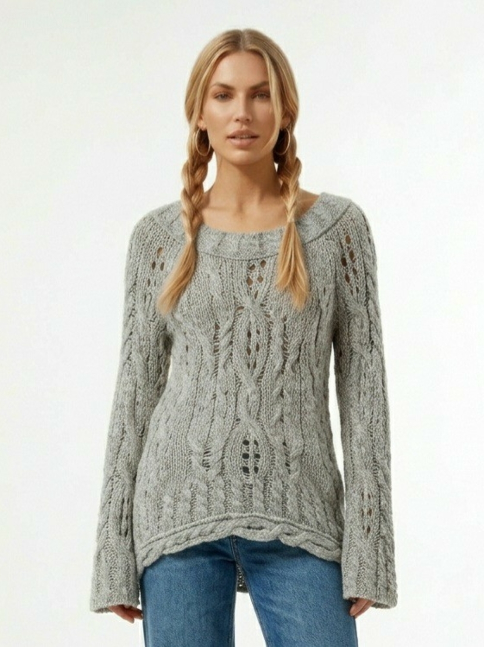 Free People Gray Chunky Cable Knit Sweater Crew Long Boho Sleeves M